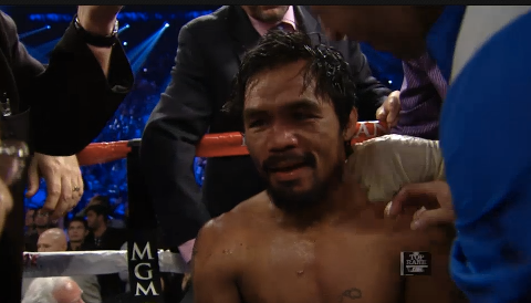 Manny Pacquiao back up on his feet after the KO in the 6th which ended the fight. 